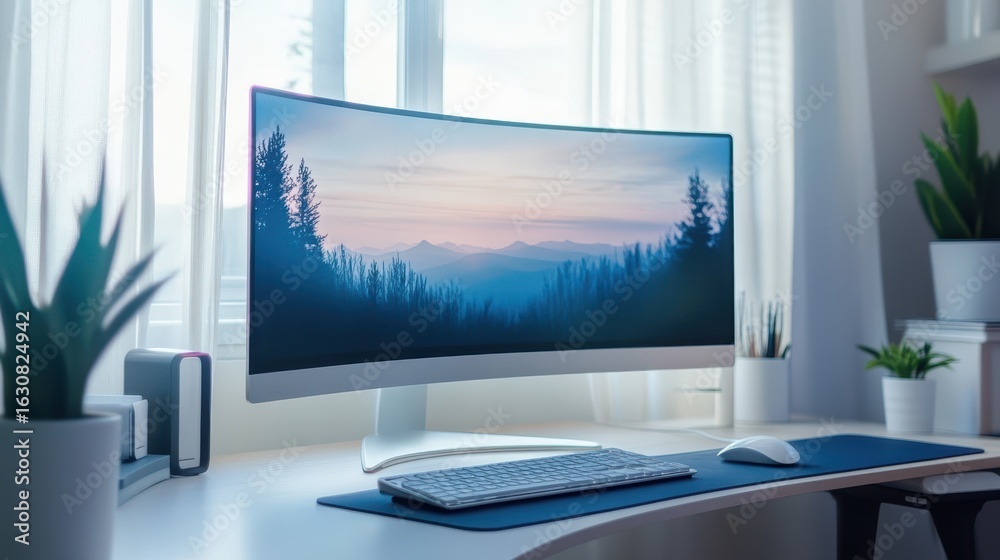 Fototapeta premium Clean and futuristic workstation setup with a curved ultra-wide monitor, blue tabletop and white office accessories, organized and aesthetic productivity vibe