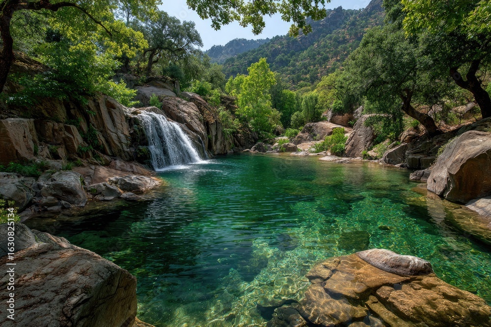 Fototapeta premium Tranquil mountain waterfall pool. Lush green trees frame a crystal-clear emerald pool