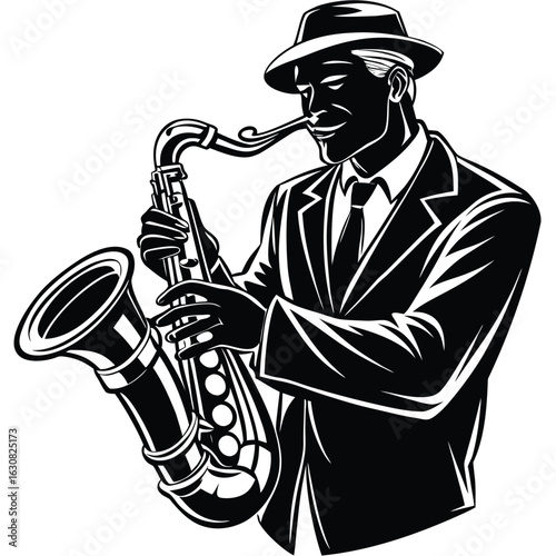 a jazz musician playing the saxophone. Classic and artistic mood, suitable for music festivals, events, and cultural promotion
