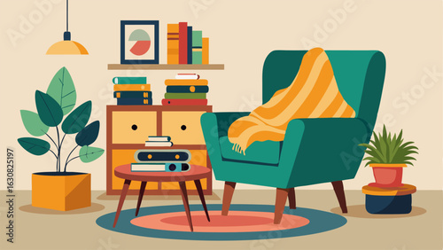 An inviting reading nook with a velvet midcentury armchair adorned with a colorful throw blanket and a stack of books. A vintage record player sits on a midcentury modern coffee