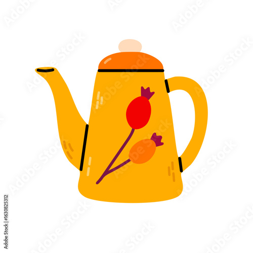 Yellow teapot with long spout and red berry branch illustration