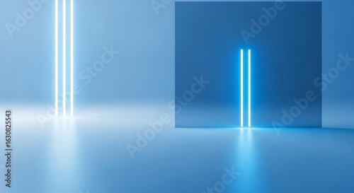 Modern blue abstract background with bright glowing neon light tubes futuristic space