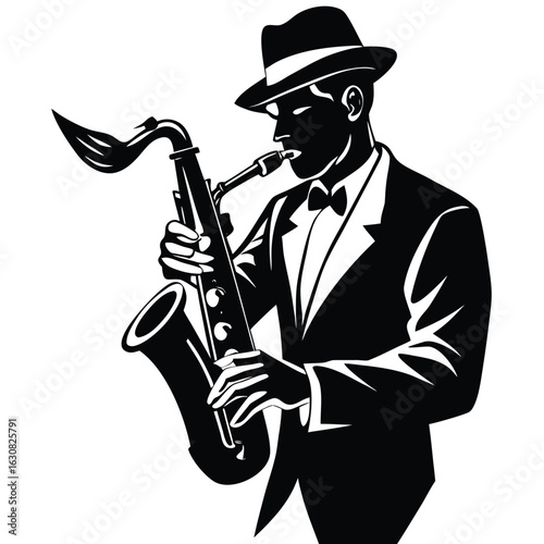 a jazz musician playing the saxophone. Classic and artistic mood, suitable for music festivals, events, and cultural promotion