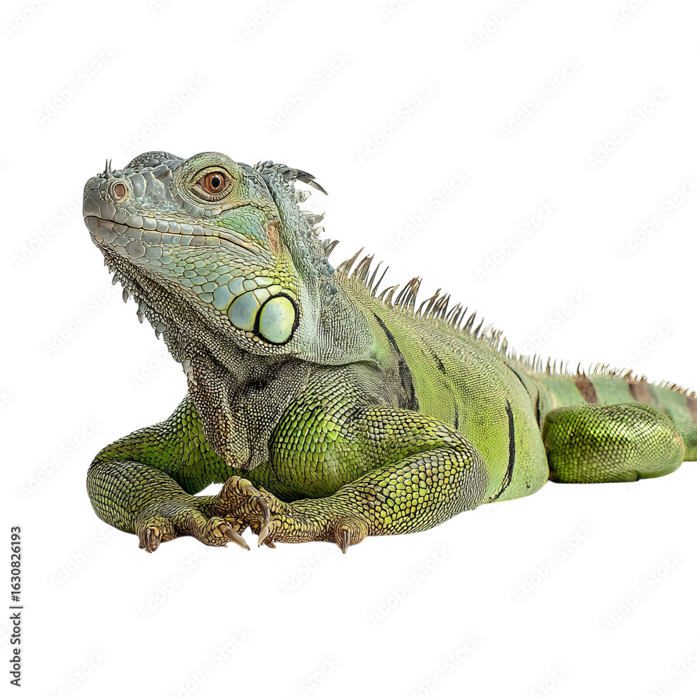 Fototapeta premium Png of A vibrant green iguana lounging gracefully, showcasing its distinctive scales and intricate patterns.