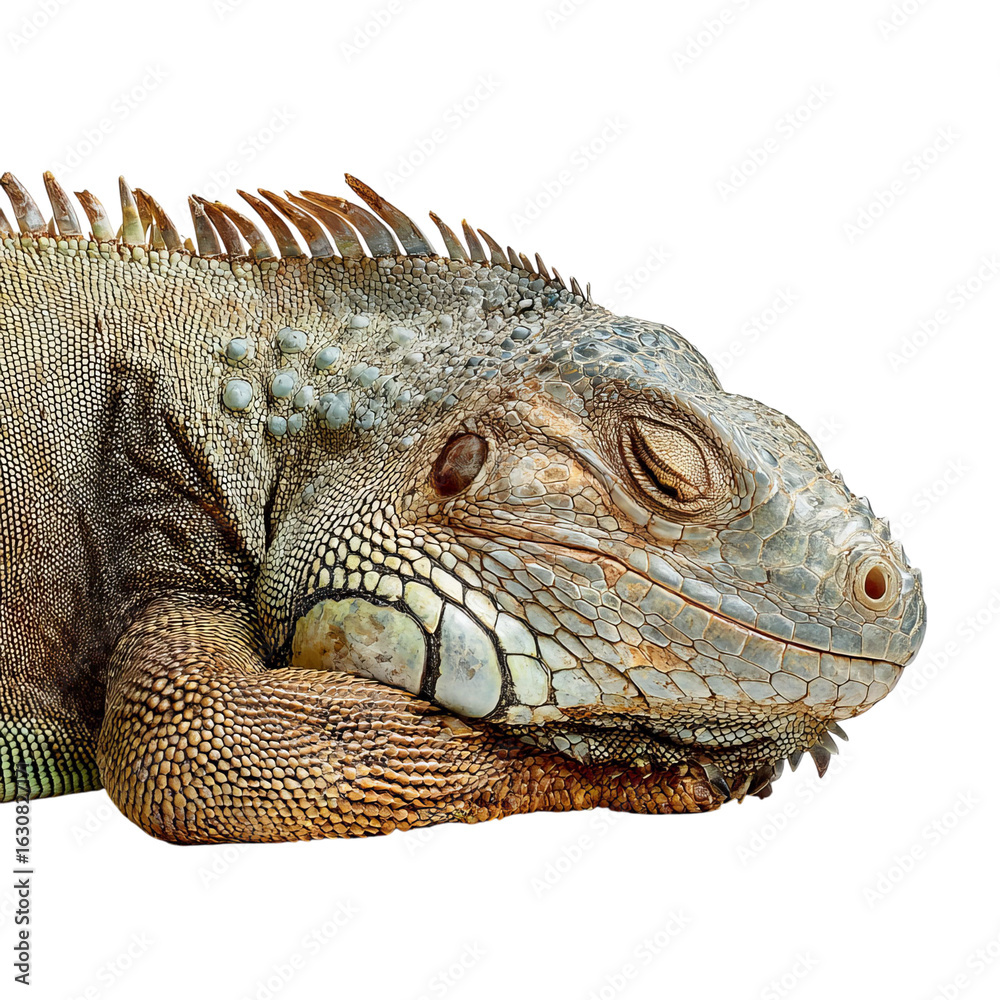 Png of A close-up view of a resting iguana showcasing its detailed scales and serene expression. Png of A close-up view of a resting iguana showcasing its detailed scales and serene expression.