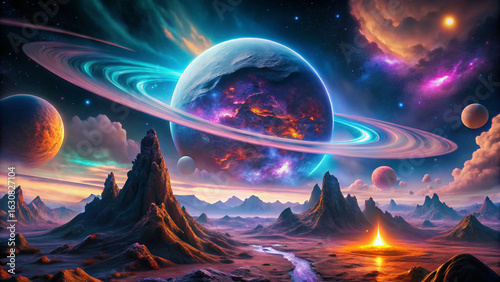 Surreal Alien Planet Landscape with Glowing Rings, Lava Volcanoes, and Bioluminescent Ocean – Sci-Fi Concept Art