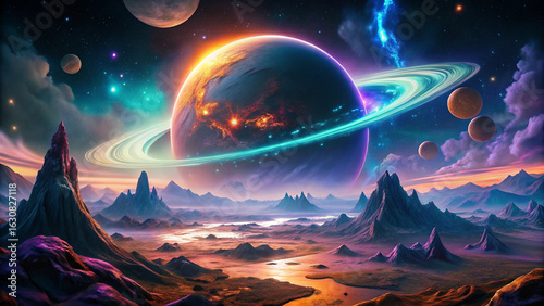 Surreal Alien Planet Landscape with Glowing Rings, Lava Volcanoes, and Bioluminescent Ocean – Sci-Fi Concept Art