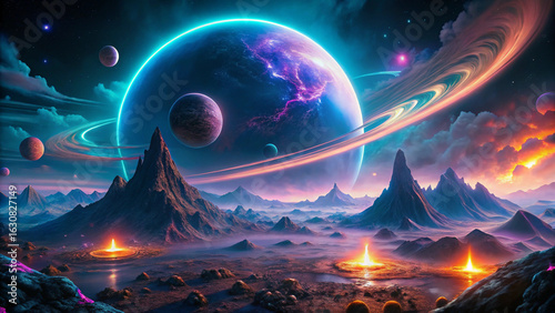 Surreal Alien Planet Landscape with Glowing Rings, Lava Volcanoes, and Bioluminescent Ocean – Sci-Fi Concept Art