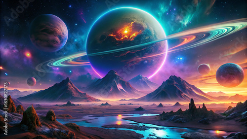 Surreal Alien Planet Landscape with Glowing Rings, Lava Volcanoes, and Bioluminescent Ocean – Sci-Fi Concept Art