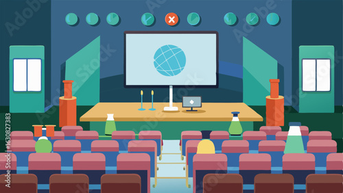 A lecture hall with theaterstyle seating and a projector displaying a scientific presentation.