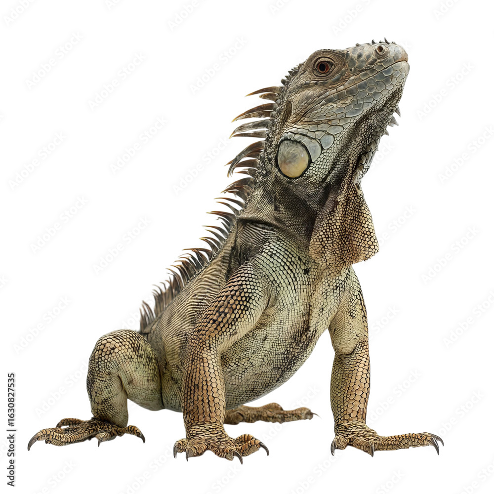 Obraz premium Png of A close-up of a majestic iguana with detailed scales and vibrant colors, showcasing its unique features and proud stance.