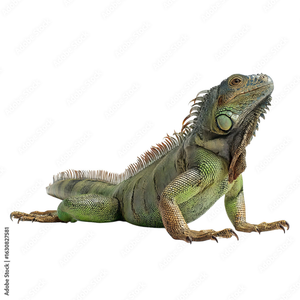 Obraz premium Png of A majestic green iguana lounging gracefully with vibrant colors and unique textures.