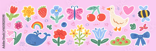 Funny kids doodles and icons drawn with crayon. Adorable childish colorful drawings. Funky stickers set. Cute goose, whale, flowers, butterfly, heart, strawberry, bee. Vector hand drawn illustration.
