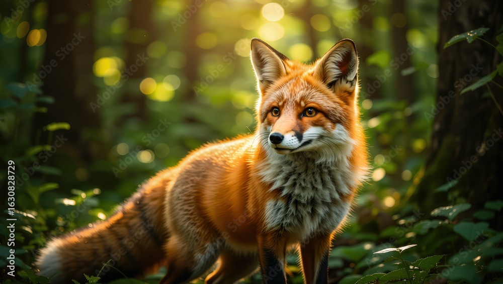 Fototapeta premium Red Fox in Forest with Sunlight Filtering Through Trees