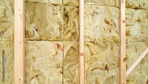 Wooden Frame with Yellow Insulation Batts for Wall Construction in a Building