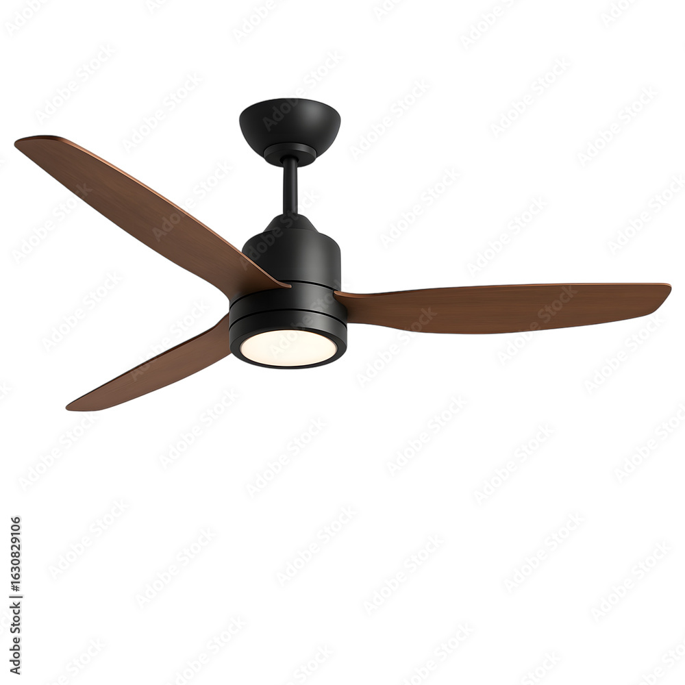 Fototapeta premium Modern Matte Black Ceiling Fan with Reversible Wooden Blades and Integrated LED Light