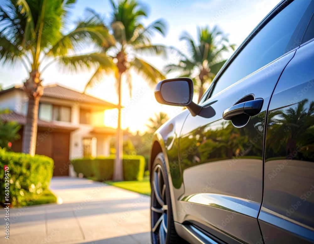 Fototapeta premium Luksusowy samochód, apartament i palmy