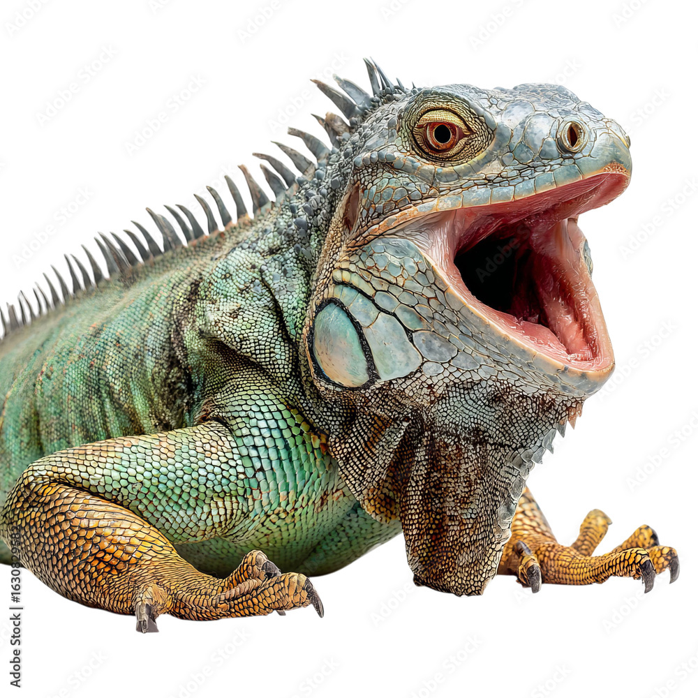 Obraz premium Png of A vibrant green iguana with an open mouth, showcasing its textured skin and striking colors.