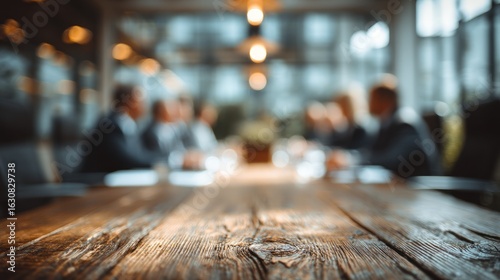 Rustic Wooden Table in a Blurred Business Meeting Room