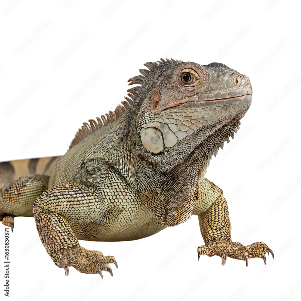 Obraz premium Png of Close-up of a majestic iguana, showcasing detailed scales and vibrant colors against a clean backdrop.