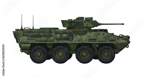Realistic Stryker Armored Vehicle Illustration in Olive Drab – Detailed 8-Wheeled Combat Vehicle Side Profile