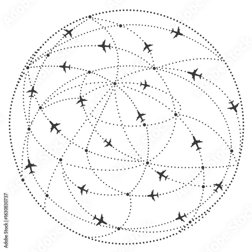 Flight path, airplanes intercontinental travel illustration. Isolated, flat vector illustration. 