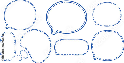 This is a collection of blue-outlined speech bubbles.
The most prominent style features a double outline: a solid blue line on the outside and a dashed blue line on the inside.
