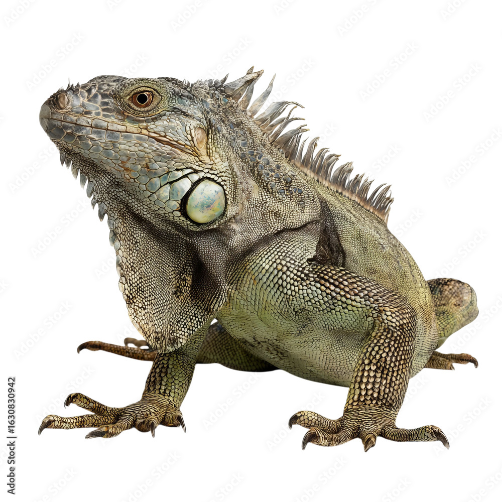 Obraz premium Png of A close-up of a vibrant green iguana showcasing its textured skin and striking features.