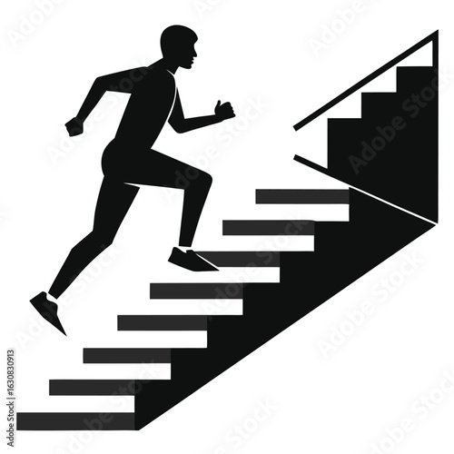  a man running up a staircase, symbolizing growth, success, and ambition. Isolated on white background