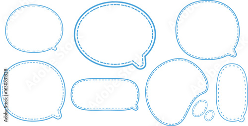 This is a collection of blue-outlined speech bubbles.
The most prominent style features a double outline: a solid blue line on the outside and a dashed blue line on the inside.
