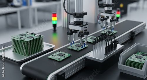 Firmware flashing station with robotic grippers picking and placing drone control boards on a conveyor designed for batch programming.