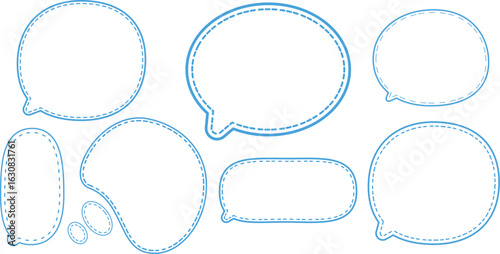 This is a collection of blue-outlined speech bubbles.
The most prominent style features a double outline: a solid blue line on the outside and a dashed blue line on the inside.
