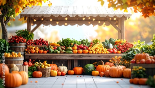 Autumn market stand overflowing with fresh pumpkins, gourds, and various colorful produce. A vibrant harvest season display with warm string lights.