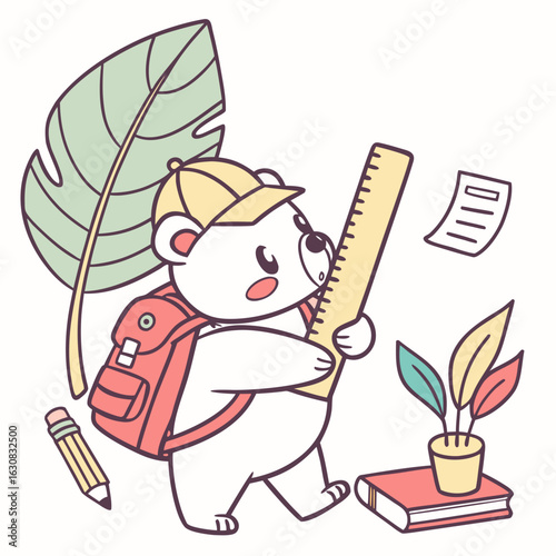 Charming SVG of a Bashful Bear featuring with a giant leaf, styled in a Back to school theme with Chalkboard Fun hues
