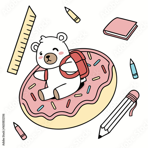 Charming SVG of a Bashful Bear featuring inside a donut float, styled in a Back to school theme with Chalkboard Fun hues
