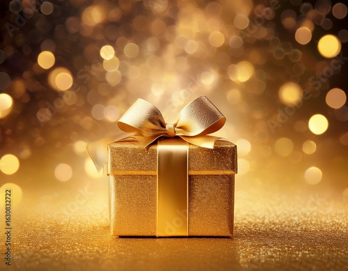 a golden gift box with a bow against a sparkling background