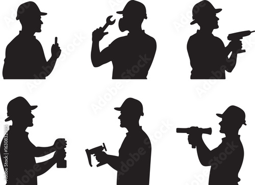 Skilled tradesmen in action with tools, dynamic silhouettes