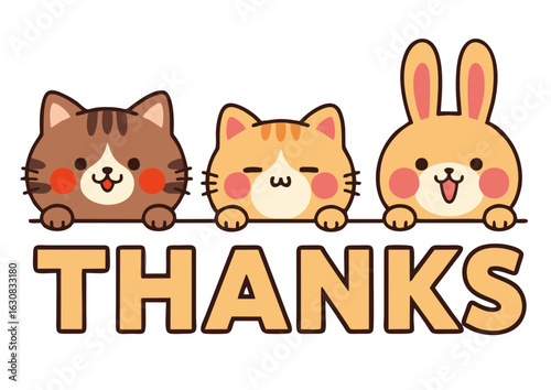 Cute Cats and Rabbit Peeking Behind THANKS Banner.