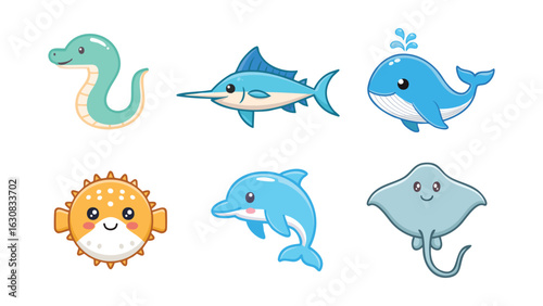 Cute marine animal set, including a sea snake, swordfish, whale, puffer fish, dolphin, and stingray, all depicted with adorable expressions and in vibrant colors