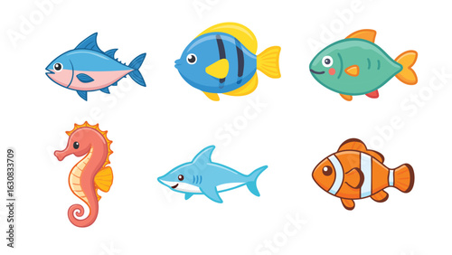 Colorful cartoon fishes and sea horse in ocean. Cute underwater creatures illustrated
