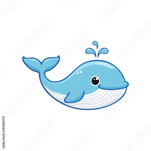 A happy blue cartoon whale spouting water and swimming with joy 