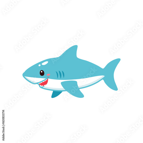 A friendly cartoon shark smiling cheerfully. The image is bright and playful