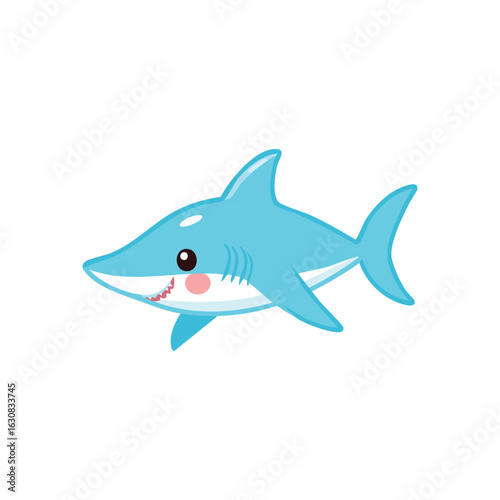 A cute cartoon shark swimming happily with a friendly smile. The shark has a blue body, a white belly, and adorable features