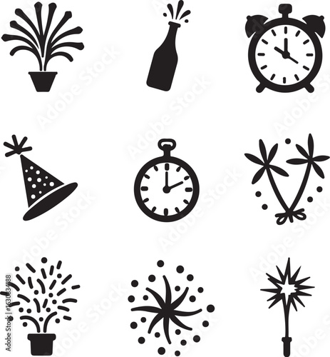Celebrate New Year with fireworks, champagne, and party hats!