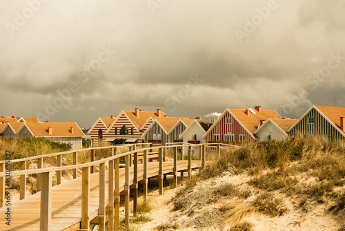 Colorful houses by the beach in Costa Nova, Aveiro, Portugal