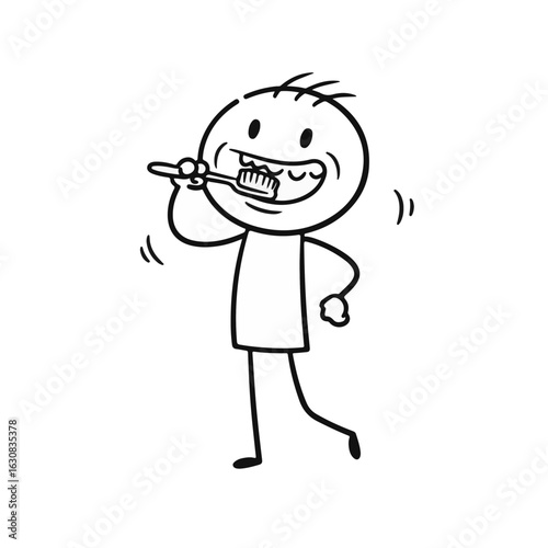 Stick figure boy happily brushing teeth with a toothbrush in hand, against a simple white background, dental hygiene concept of children’s health and education