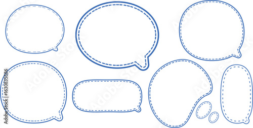 This is a collection of blue-outlined speech bubbles.
The most prominent style features a double outline: a solid blue line on the outside and a dashed blue line on the inside.
