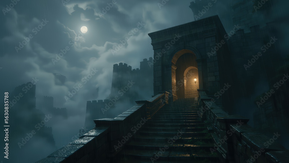Fototapeta premium Dark Medieval Castle Entrance Night Scene with Moonlit Sky and Cloudy Atmosphere