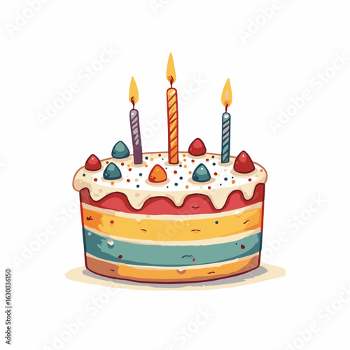 Hand-drawn colorful birthday cake with candles on a white background, minimalist and whimsical design concept of celebration, party planning.