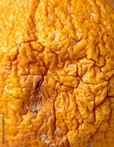 Close Up of a Wrinkled Orange Peel with Detailed Texture on a Plain Background